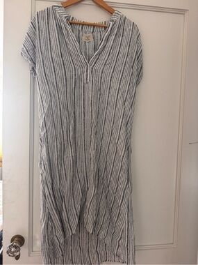 9 Seed cover up - Striped V-Neck Linen Blend Dress in White/blue/tinsel